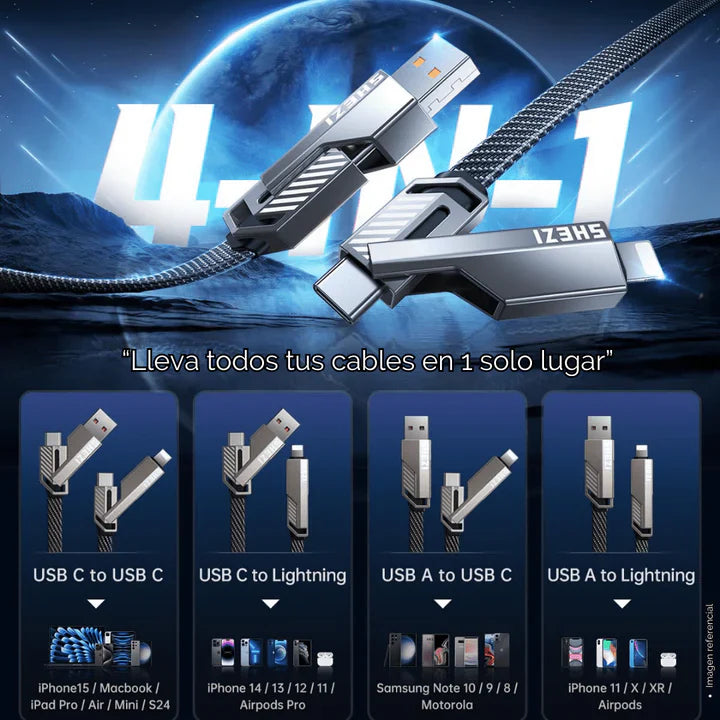 PACK X2 CABLES ULTRACARGA RÁPIDA MULTIFUNCIONAL 4 EN 1 + ENVÍO GRATIS